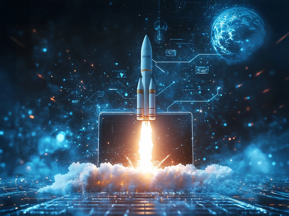 Rocket coming out of a laptop screen. Modern technology, online marketing and success concept.