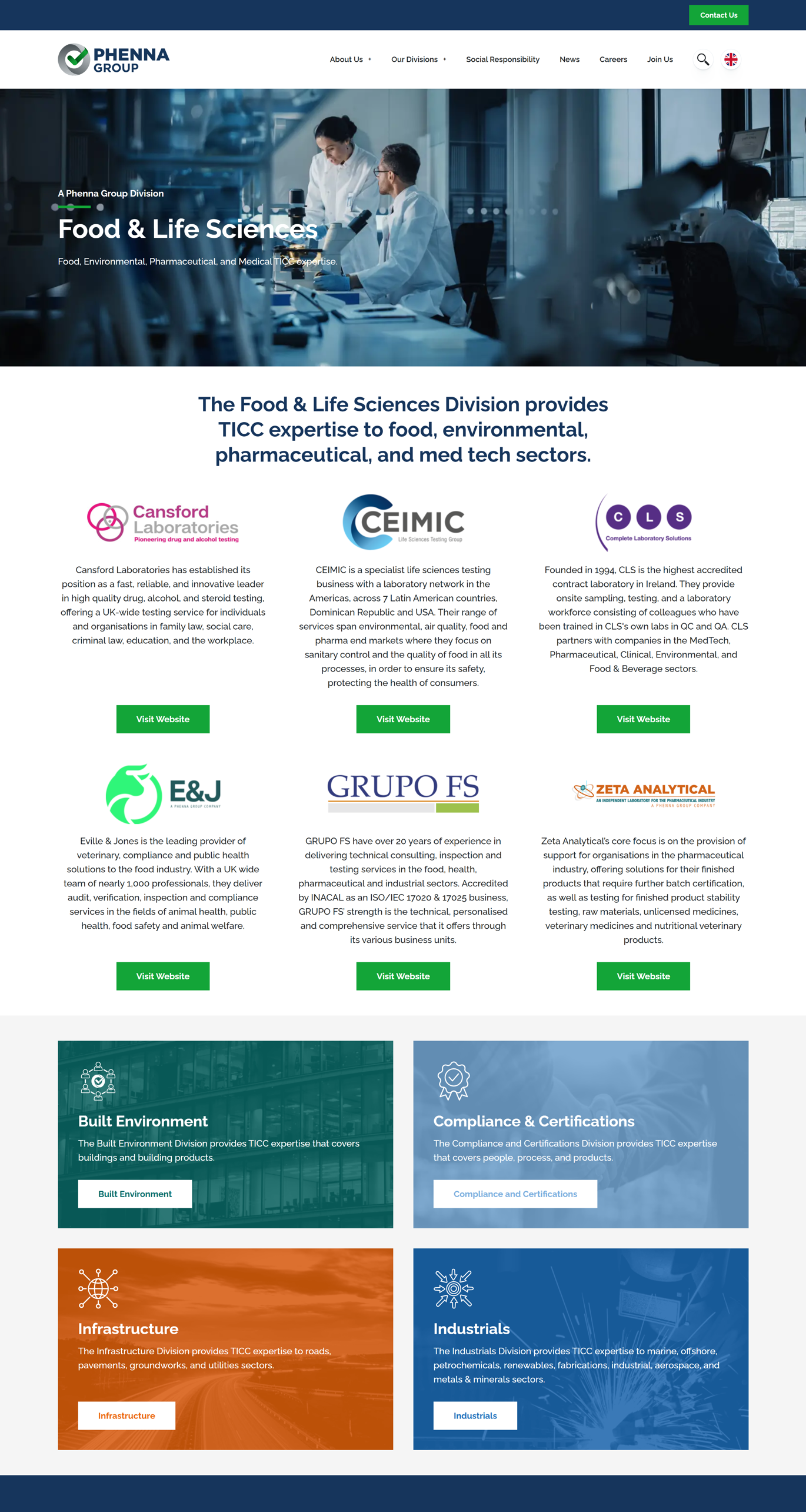 Webpage Mock-up of Phennagroup.com - Our Divisions -  Food And Life Sciences